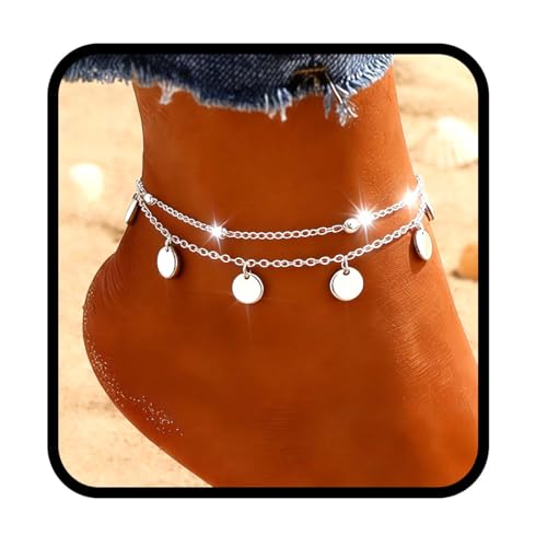 Yalice 925 Silver Ankle Bracelets Chain for Women Dainty 14K Gold Plated Waterproof Beads Anklets Layered Beach Foot Jewelry Gift - color: Silver-Sequins