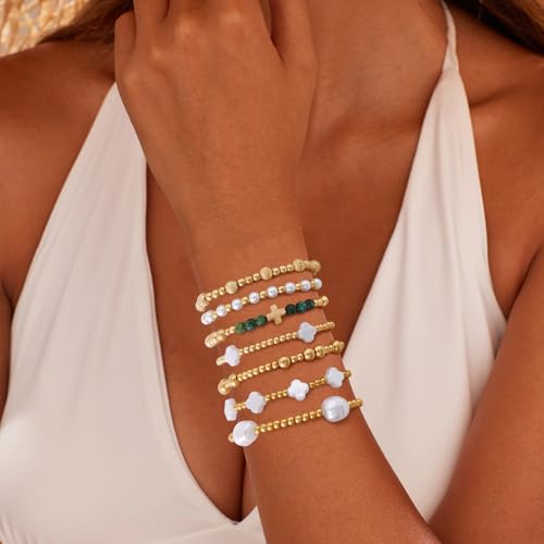 VIBILIA Gold Beaded Bracelets Set for Women 14K Gold Plated Dainty Pearl Cross Bracelet Stack Stretch Bracelet Set Fashion Accessories Gifts - color: 7P-SYC