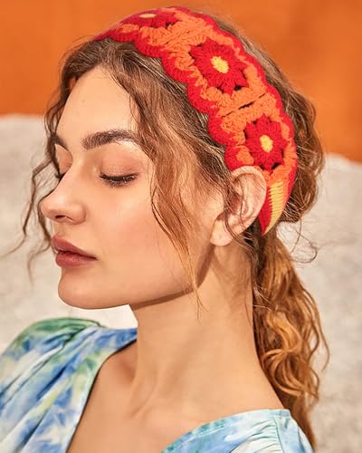 HAIMEIKANG Hippie Hair Bandanas Headbands for Women Boho Headband Knit Hair Bands Floral Head Wrap for Girls(red+green+purple) - color: red+green+purple