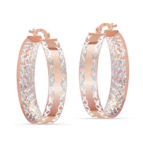 LeCalla 925 Sterling Silver Hoop Earrings for Women | 14K Gold-Plated & Rose Gold-Plated Diamond-Cut Hoop Earrings | Textured Click-Top Hoops Earring Jewelry - color: Rose Gold DC Textured-31MM