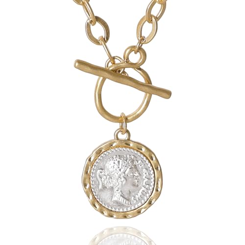 Chunky Gold Coin Necklace for Women Silver and Gold Chain Pendant Necklaces 18 Inch Antique Toggle Thick Link Fashion Jewelry Gift for Women - style: Worn Gold & Sliver-F
