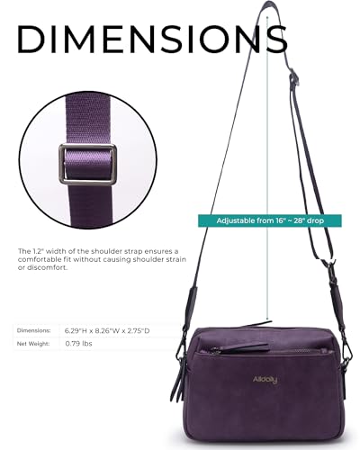 Alldaily Small Triple Zip Crossbody Purse for Women, Vegan Leather Phone Bag with Wide Shoulder Strap - color: Purple