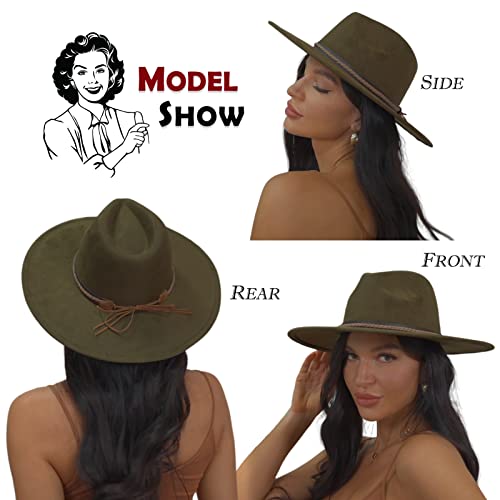 FLUFFY SENSE. Big Wide Brim Fedora Hat for Women - Nashville Outfits Western Hats Women's Felt Panama Rancher Hat - color: Olive Green