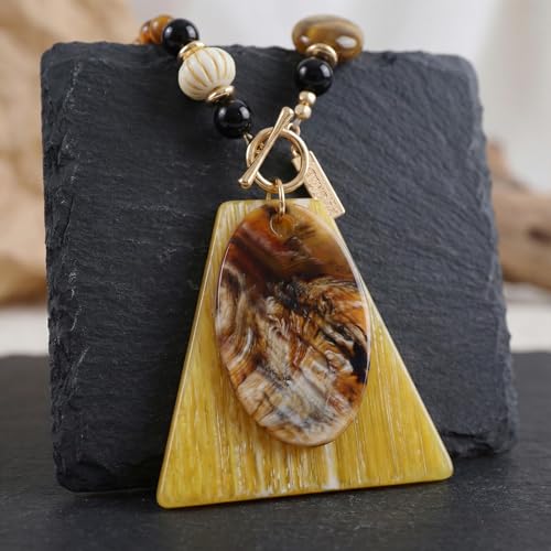 Boho Beaded Pendant Long Necklace for Women - Western Mixed Metal Necklace Style Jewelry Gift - color: Tri Stone