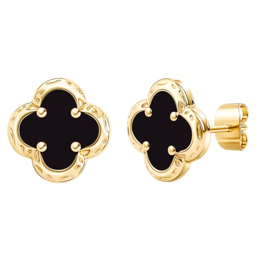 Elegant Black Onyx Clover Stud Earrings, 14K Gold Plated Four Leaf Hypoallergeinc Stud Stainless Steel Flower Earring Lucky Simple Jewelry Gift for Women Shiny Multiple Onyx Colors - color: Black Clover Stud Earrings