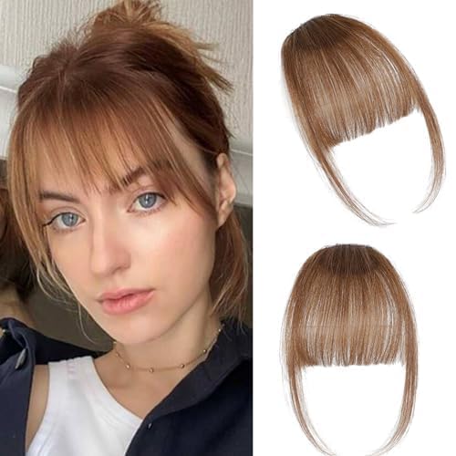 ELEFOCUS Clip-on bangs 100% real hair Fine light brown fake bangs Daily wear fake bangs - color: Light Brown, size: Wispy Bangs