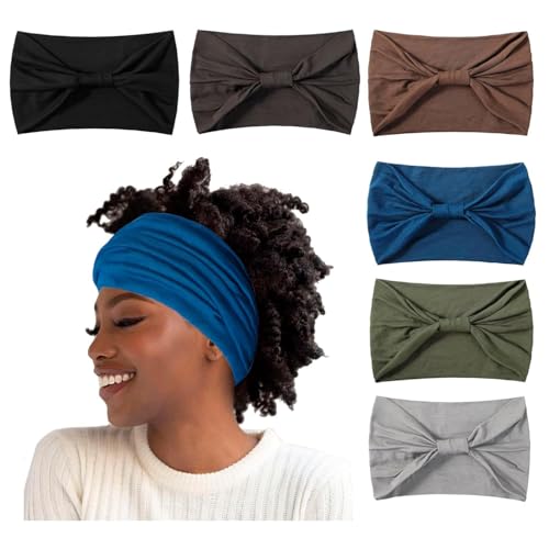 Artilady 7" Wide Headbands for Women Extra Large Stretchy Headwrap Soft Elastic Non Slip Head Bands Sports Yoga Running Hair Bands Boho Turban Hair Accessories 6 PCS - color: Solid color 2