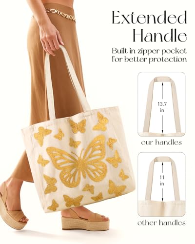 Miss Adola Embroidery Tote Bag with Pocket & Buckle - Reusable Canvas Tote for Women Cute Aesthetic Work Shopping Grocery Bag - style: Butterfly