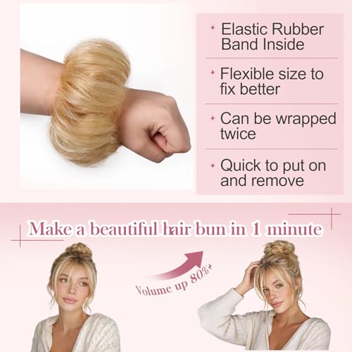 Messy Bun Hair Piece Real Human Hair Scrunchie Updo Extensions For Women Fake Buns Chignon Wig Thick Volume Heat Friendly Donut Ponytail Elastic Band AshBlonde/DarkBlonde - color: AshBlonde/DarkBlonde