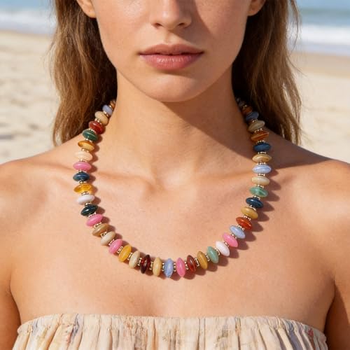 Colorful Chunky Beaded Necklaces for Women - Statement Boho Layered Necklace, Handmade Festival Jewelry, Trendy Bead Necklace Gift - color: Colorful Chunky Beaded Necklace B