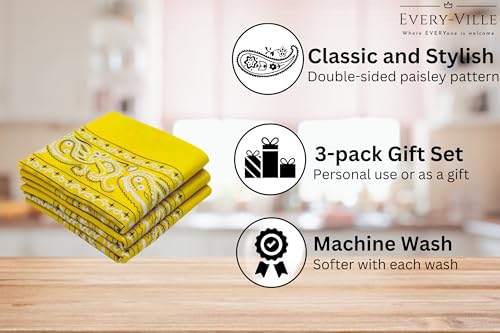 Classic Paisley Bandanas - 3 Pack Gift Set, 100% Cotton, 22x22 Inches - color: Yellow