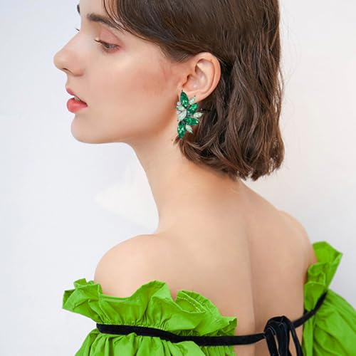 Bohemian Statement Sparkly Colourful Fancy Rhinestone Crystal Flower Dangle Drop Stud Earrings Vintage Wedding Bridal Prom Earrings for Women - color: Light Green
