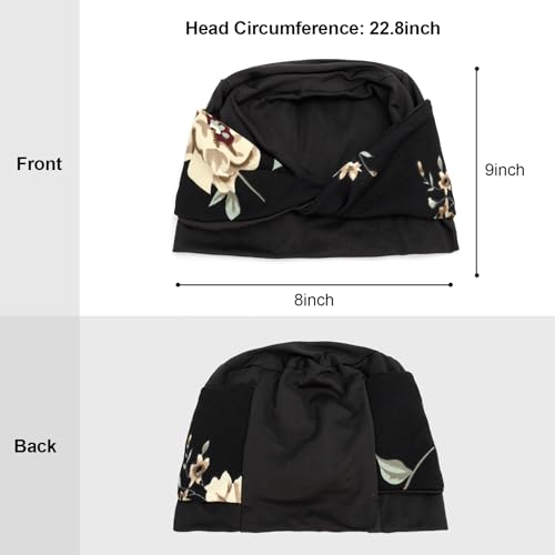 Women Knot Slouchy Beanie Chemo Hat Twist Stretch Cancer Head Wraps Sleep Head Scarf - color: Black Beige Flowers