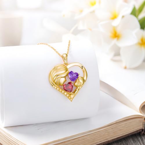 Mothers Day Gifts 14K Yellow Gold Mother Daughter Heart Pendant Necklace with 12 Months Birthstone Birthday Gifts for Mom Anniversarry Jewelry for Mom Wife Girlfriend - color: 01-02-Jan-Feb Birthstone