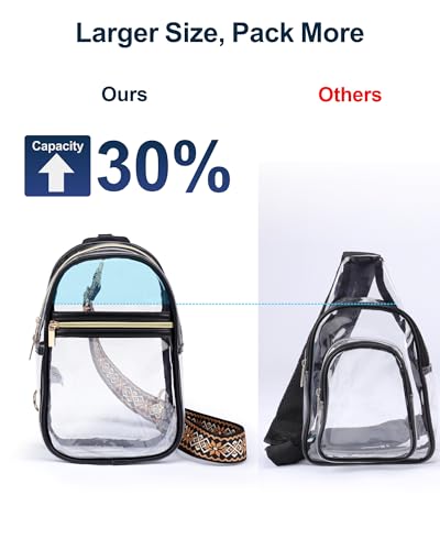 PACKISM Clear Sling Bag Stadium Approved - Clear Bag for Stadium Events & Holographic Bag for Music Festivals Jacquard Strap - color: Upgraded Black+pouch