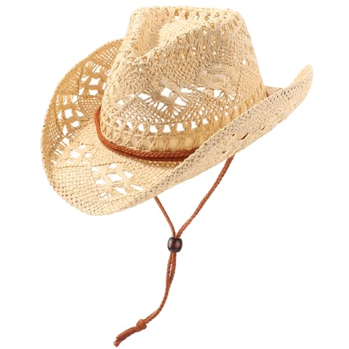 AQOKKA Straw Cowboy Hats for Women Men Western Cowgirl Hats with Shapeable Brim Woven Hollow Out Unisex Beach Roll Up Caps - color: Beige