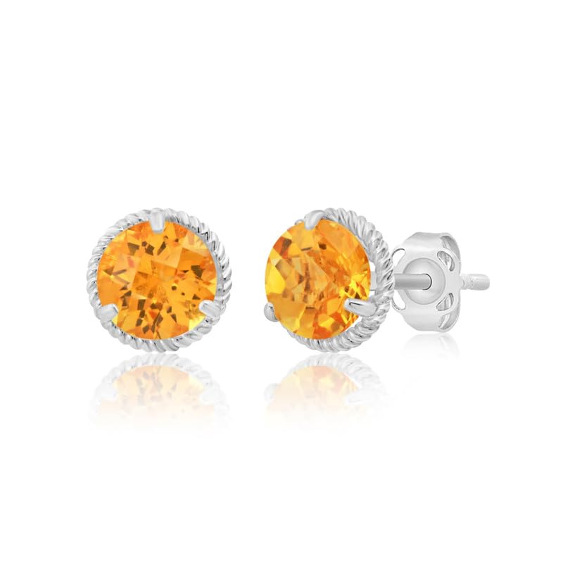 14k White or Yellow Gold Roped Halo Gemstone Round Stud Earrings for Women 6mm Birthstone with Push Backs by MAX + STONE - color: Citrine