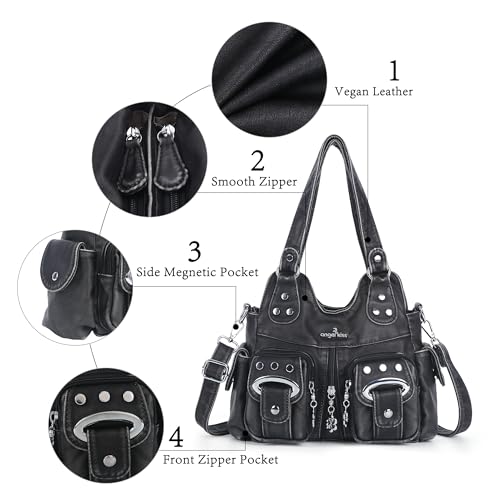 Angel Kiss Small Hobo Purses for Women, Washed Vegan Leather Multi-Pocket Purse, Shoulder Handbag with Adjustable Strap - color: Retro Black