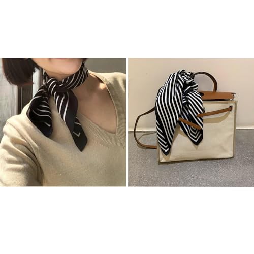100% Mulberry Silk Neck Scarf 21''x21'' Small Square Hair Scarf for Women Men Lightweight Bandana Envelope Package - color: Classic Stripe- Black