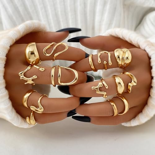 IFKM Gold Chunky Rings Set for Women 14k Gold Plated Thick Dome Stackable Open Rings Trendy Dainty Minimalist Jewelry Gifts - color: Gold, style: Irregular