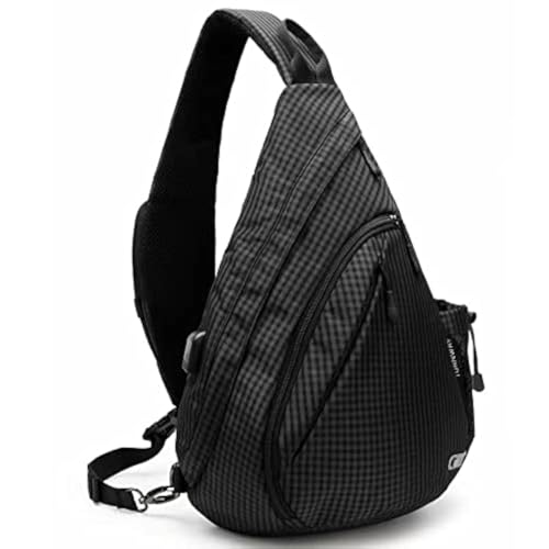 TurnWay Water-Proof Sling bag/Crossbody Backpack/Shoulder Bag with USB Charging Port for Travel, Hiking, Cycling, Camping - color: Black Grid