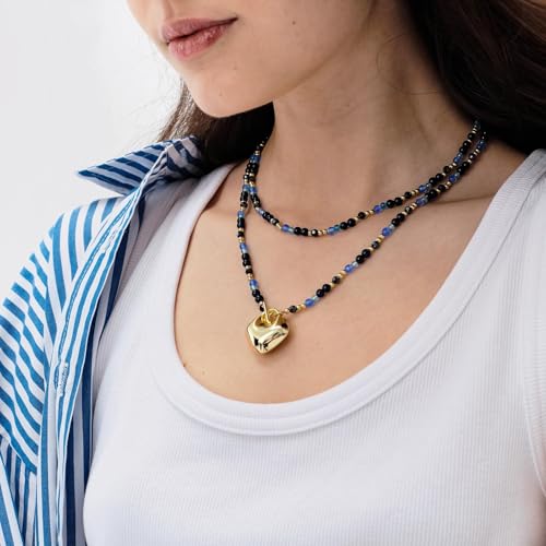 KissYan Long Necklaces for Women, 14K Gold Plated Beaded Gemstone Turquoise Boho Layered Choker, Natural Stone Handmade Sweater Fashion Jewelry Gifts - style: Blue