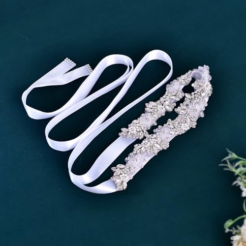 Rhinestone Wedding Bridal Belt for Women Formal Dress Handmade Crystal Beading Wedding Sash Belt - color: White-silver Rhinestone
