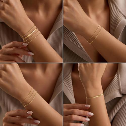 adoyi Gold Bracelets for Women, 14K Gold Plated Stackable Bracelet Stack Set Adjustable Charm Paperclip Chain Cuban Link Layered Waterproof Jewelry Sets Gifts for Womens - color: 5PCS Gold 6.5 IN General Wrist
