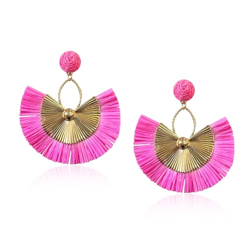 Anmpab Straw Fan Bohemian Tassel Earrings for Women Trendy Colorful Fringe Summer Beach Statement Earrings - color: Hot Pink