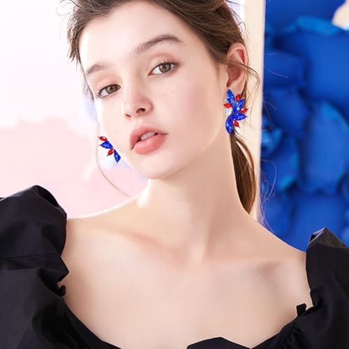 Bohemian Statement Sparkly Colourful Fancy Rhinestone Crystal Flower Dangle Drop Stud Earrings Vintage Wedding Bridal Prom Earrings for Women - color: Red Blue
