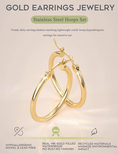 ORAZIO 4 Pairs Stainless Steel Hoop Earrings Set Cute Huggie Earrings for Women,10MM-20MM - style: Gold Plated, 4 pairs