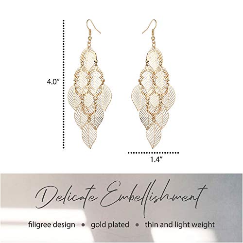 Bohemian Boho Filigree Leaf Chandelier Dangle Earrings for Women – Handcrafted Delicate – 14K Gold Plated – Lightweight - style: Gold - 5 Layered Leaf Chandelier