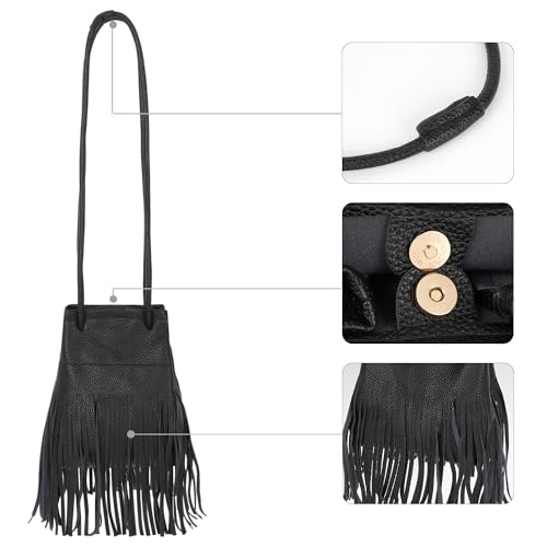 Women Leather Fringe Messenger Bag Mini Hobo Crossbody Tassel Shoulder Bags - color: Solid-black