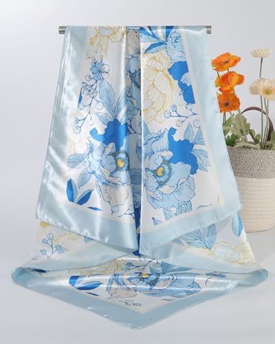 AWAYTR 35” Square Satin Head Scarf Hair Scarf for Women's Hair Silk Bandana for Women Silk Head Wrap for Sleeping - color: Flower (Light Blue)