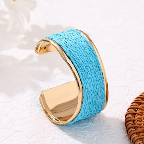 Raffia Colorful Chunky Cuff Bracelet For Women Statement Irregular Wave Vacation Tropical Beachy Spring Summer Wide Open Bangle Handmade Boho Costume Jewelry Accessories - color: Blue
