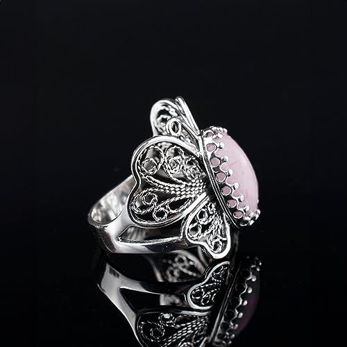 Filigranist Sterling Silver Filigree Art Butterfly Women Cocktail Ring with Gemstones - color: Rose Quartz