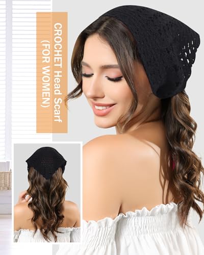 AWAYTR Crochet Head Scarf Hair Bandanas Women Knit Bandana Headband Scarf Tie-Back Head Coverings Floral Headscarf - color: Solid Color - Black + Beige + Red