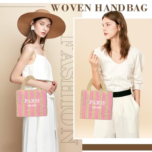 Straw Beach Bag for Women Summer Woven Tote Bag Packable Straw Purses and Handbags for Vacation Holiday - color: S-pink