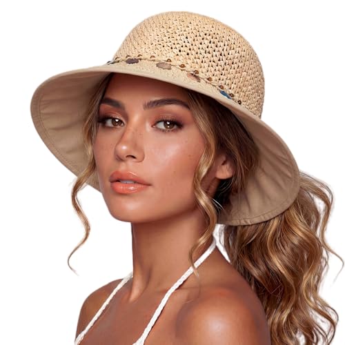 TOP-EX chicpony™ Cooling UPF 50+ Wide Brim Beach Hand Crochet Straw Hat - color: Natural Shell, size: Large