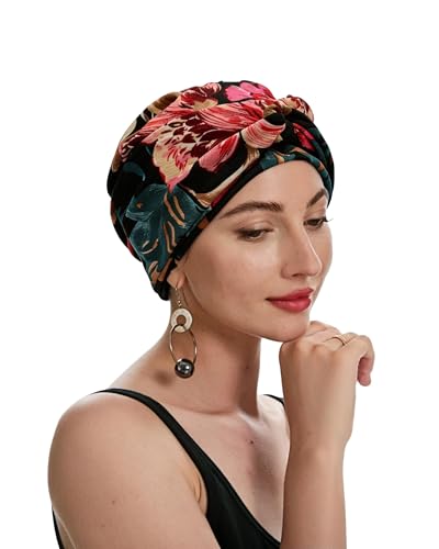 ZLYC Chemo Headwear for Women Pre Tied Turban Headwear Lightweight Beanie Hat - color: Flowers Black