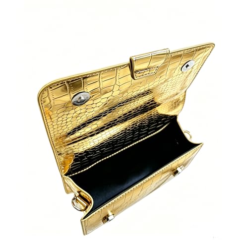 Small Crossbody Purse Bag for Women，Y2K Cute Metallic Croc-Embossed Handbag with Chain Strap - color: Medium Gold（fit Your Phone）
