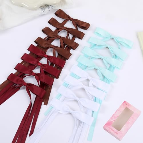 WORTL Hair Bows Clips Coquette Ribbon Bowknot with Long Tail Princess Hair Bows French Barrettes Hair Accessories for Women Girls 16PCS (Wine Red, White, Aquamarine, Brown) - color: Wine Red, White, Aquamarine, Brown