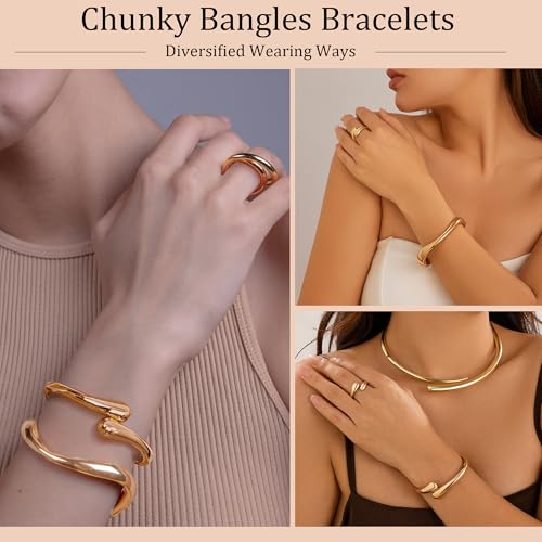 PEALICIOUS 2Pcs Chunky Bracelet for Women, Girls Gold Bangle Bracelet 7in Minimalist Silver Chunky Bangles Prom Gifts, Trendy Gold Arm Cuff Upper Arm Band, Stack Bead Prom Accessories Summer Jewelry - style: gold chunky bangle