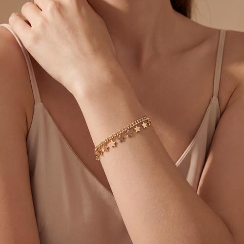 Dremmy Studios Gold Bracelet for Women 18K Gold Plated Dainty Paperclip Cubic Zirconia Disc Coin Star Cable Satellite Bead Pearl Simple Boho Minimalist Stacking Layered Link Jewelry Gift - color: Tassel Star