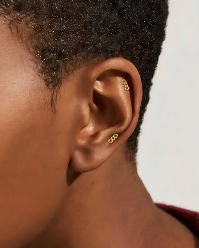 Metal Chain Cartilage Earring – Internally Threaded Flat Back Stud in Silver & Gold 16G 8mm Helix, Conch, Tragus Jewelry - color: WG-8MM