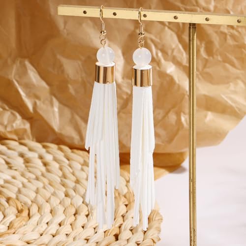 Coiris Boho Leather Layered Tassel Earrings for Women Lightweight Leather Fringe Dangle Earrings Handmade Bohemian Summer Beach Western Drop Earrings for Women - color: White