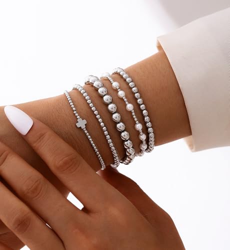 Gold Beaded Bracelets for Women, 14K Real Gold Plated Jewelry for Women Dainty Pearl Bead Bracelets Stack, Non Tarnish Trendy Stackable Ball Cross Stretch Bracelet Set Fashion Accessories Gifts - color: Silver cross bead