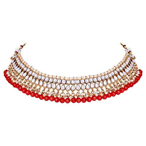 Aheli Faux Kundan Beaded Necklace Earrings Maang Tikka Indian Bollywood Ethnic Jewelry Set Gift for Women - color: Red & White