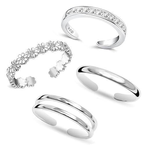 LeCalla 925 Sterling Silver Open Toe Rings Set for Women Adjustable Minimalist Toe Rings Summer Beach Foot Jewelry - color: 04. Quartet (4 PCS)
