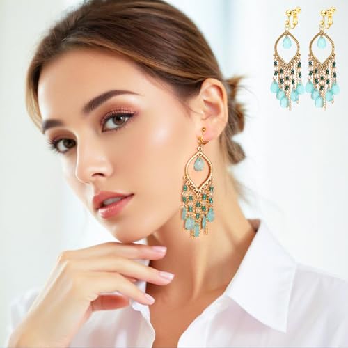 Clip on Tassel Dangle Earrings for Boho Women, Non Pierced, Colorful Feather Handmade Beads Fashion Vintage Fringe Jewelry for Parties Weddings Festivals Trendy Statement Earrings for Bohemian - color: Green B